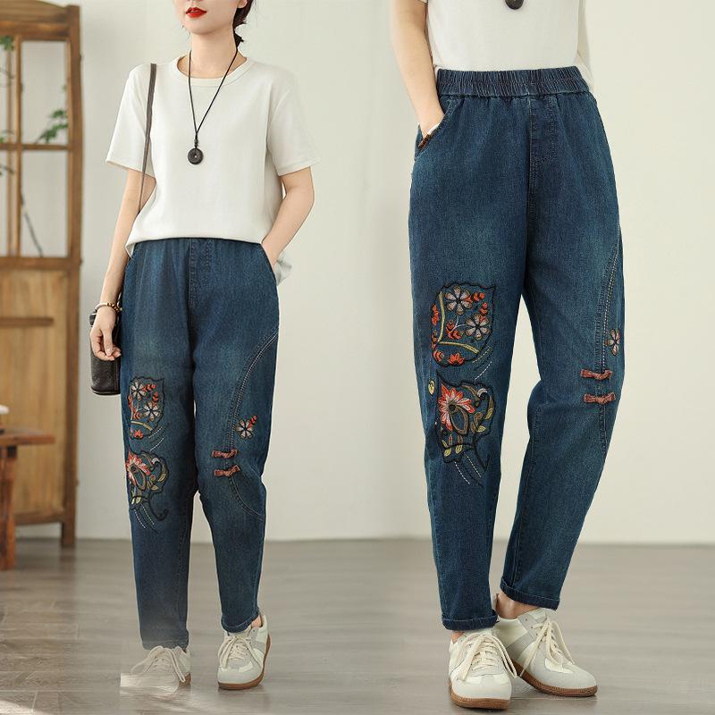 Blumenstickerei High Waist Denimhose Damen Vintage-Stil Streetwear Lässige Haremjeans Damen