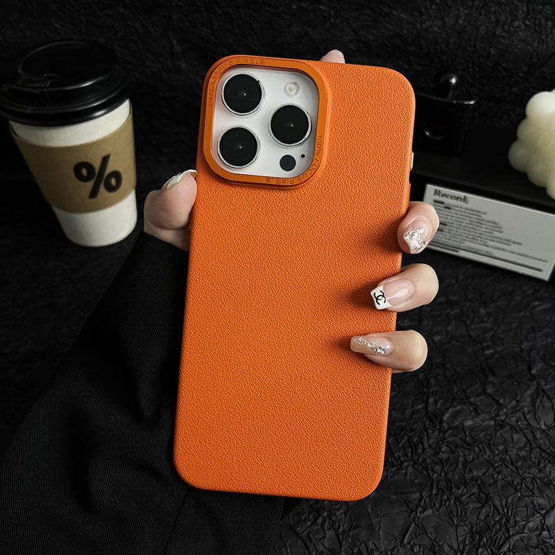 Matte Titanium gray Lichee leather pattern phone case for iPhone 16 15 14 13 12 11 Pro Max metal lens frame shockproof hard case