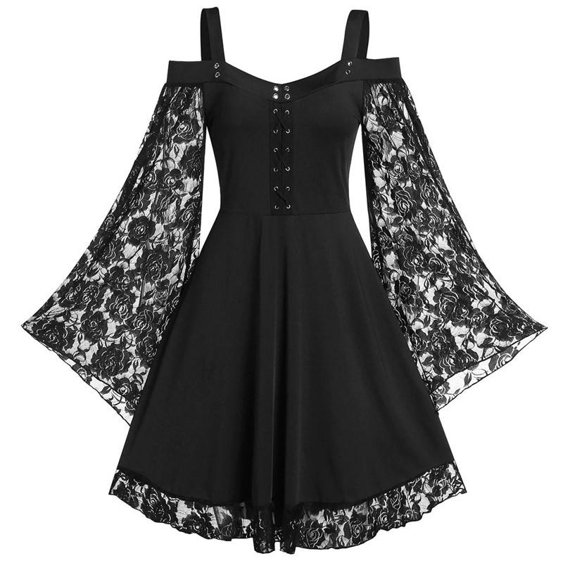 Sexy Elegantes Spitzen-Mini-Kleid Damen Robe Gothic Vintage A-Linie Partykleidung Frau Kleidung Streetwear