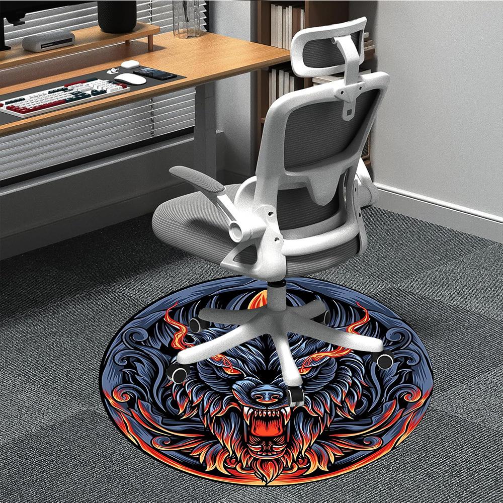 1 Stück Wolfskopf Design Stuhlteppich für Büro, Runder Rutschfester Langlebiger Großer Büroteppich, Geeignet für Büro