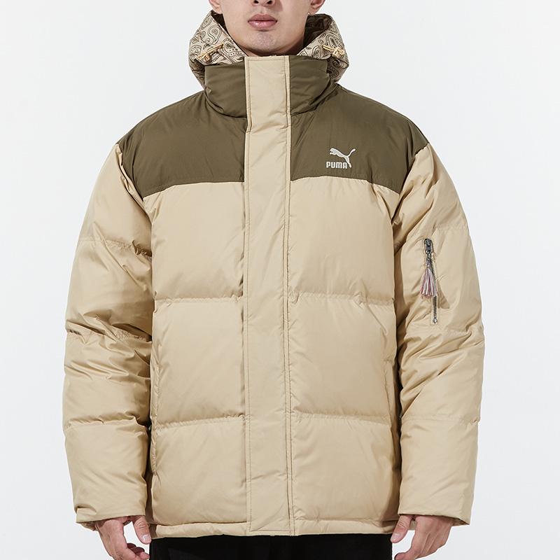 Puma Embroidered Logo Colorblock Cashew Flower Hooded Down Jacket Men Outerwear Brown 534973-12