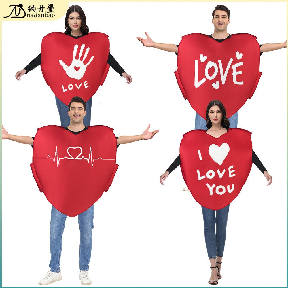 Valentine's Day Costume Sponge Digital Print Cosplay Outfit Love Heart Couple Matching Performance Wear Party Set