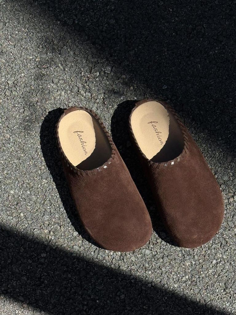 Cowhide Retro Bag Head Half Slippers Women's Outer Wear 2025 New Early Autumn One-pedal Platform Casual Boken Half-tray Shoes