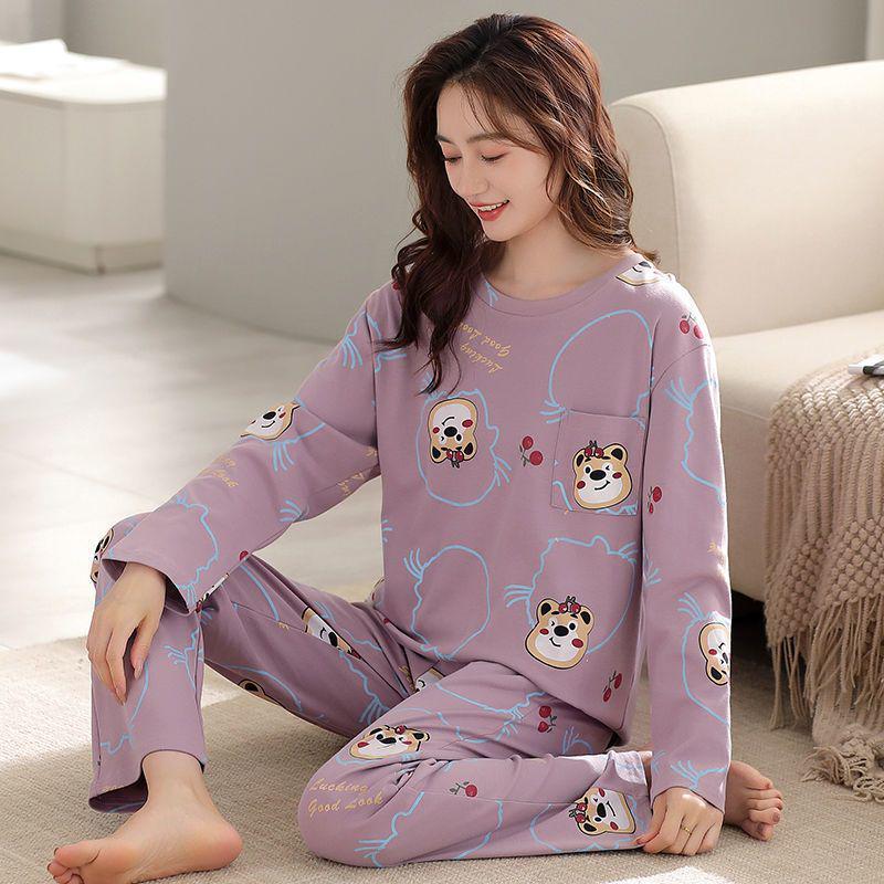 Dámské pyžamo z čisté bavlny - Jarní/podzimní jednobarevné, kulatý výstřih, dlouhý rukáv, volné, ležérní, pohodlný domácí oděv.