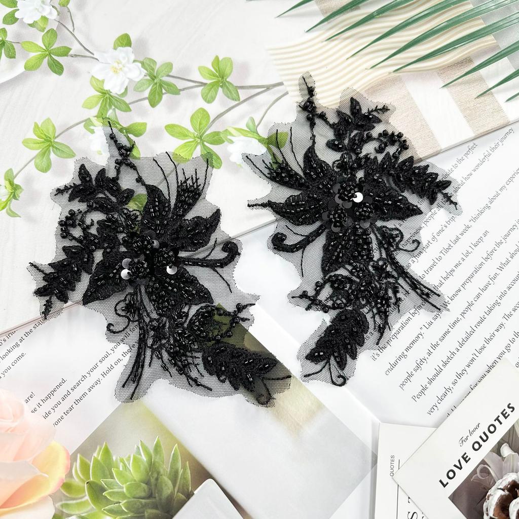 Black Mesh Embroidery Flower Bead Sequin Flower Clothing Dress Wedding Bag Decoration Flower Cloth Sticker Accessories