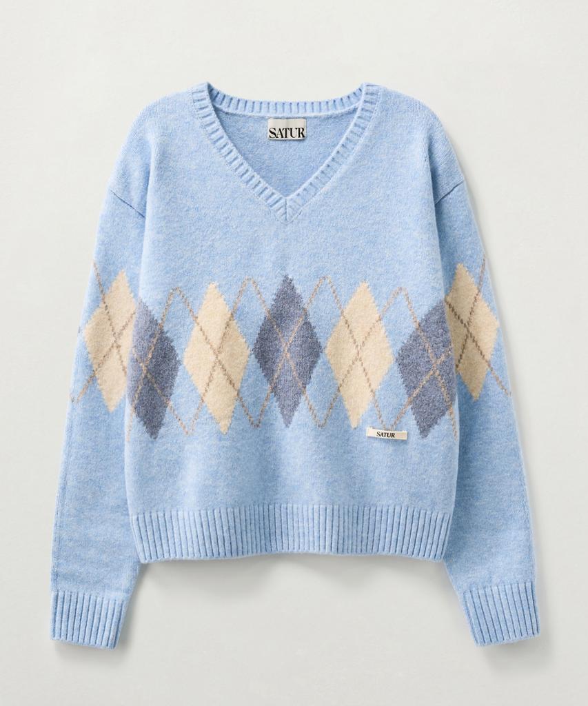Seteo (W) Argyle V-Neck Pullover Knit Sky Blue