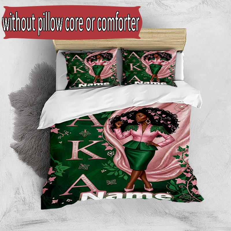 3pcs Duvet Cover Set (1*Duvet Cover + 2*Pillowcase, Without Core), Custom Name Alpha Kappa Alpha Pattern Bedding Set, Home Bedroom Decor Gift