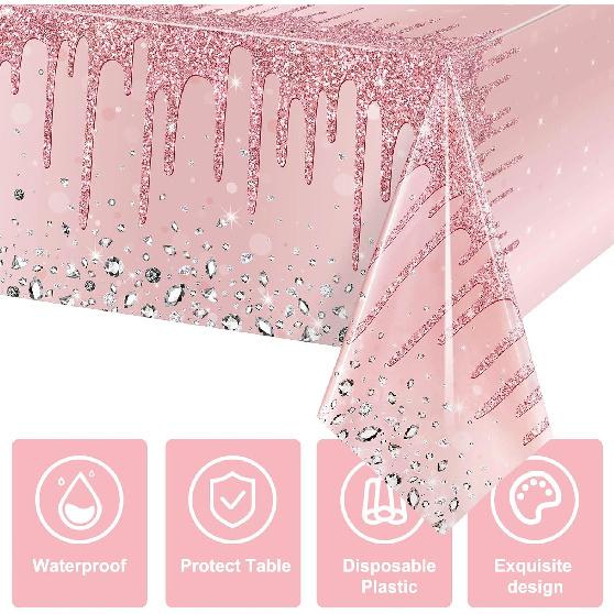 Pajean 3 Pcs Pink and Rose Gold Tablecloths Glitter Diamond Table Cover PE Girl Party Glitter Table Cloths Sequin Printed Plastic Tablecloths for
