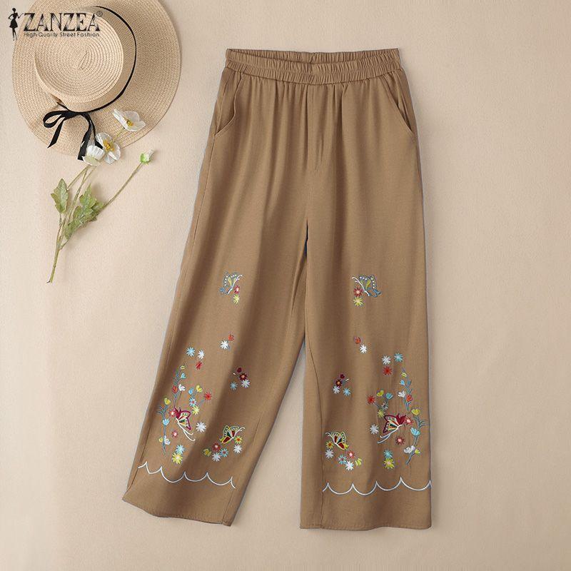 ZANZEA Women Casual Elastic Waist Loose Floral Embroidery Cropped Pants