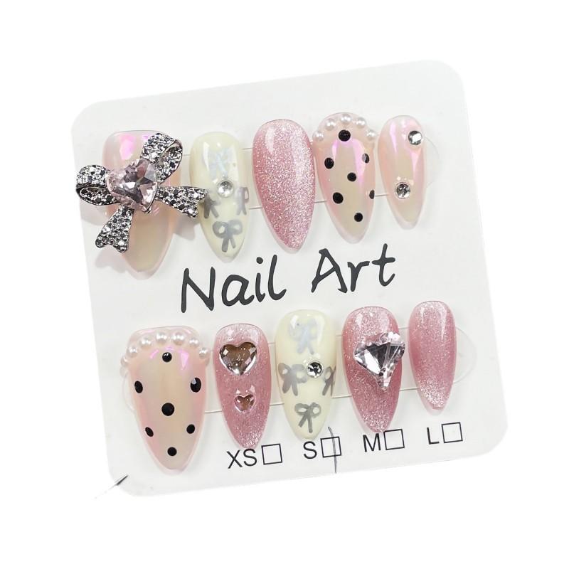 Handmade Press-On Nails With Bow Heart Design Almond Shape Glitter Aurora Effect Thin Invisible Edge Sweet Cute Style