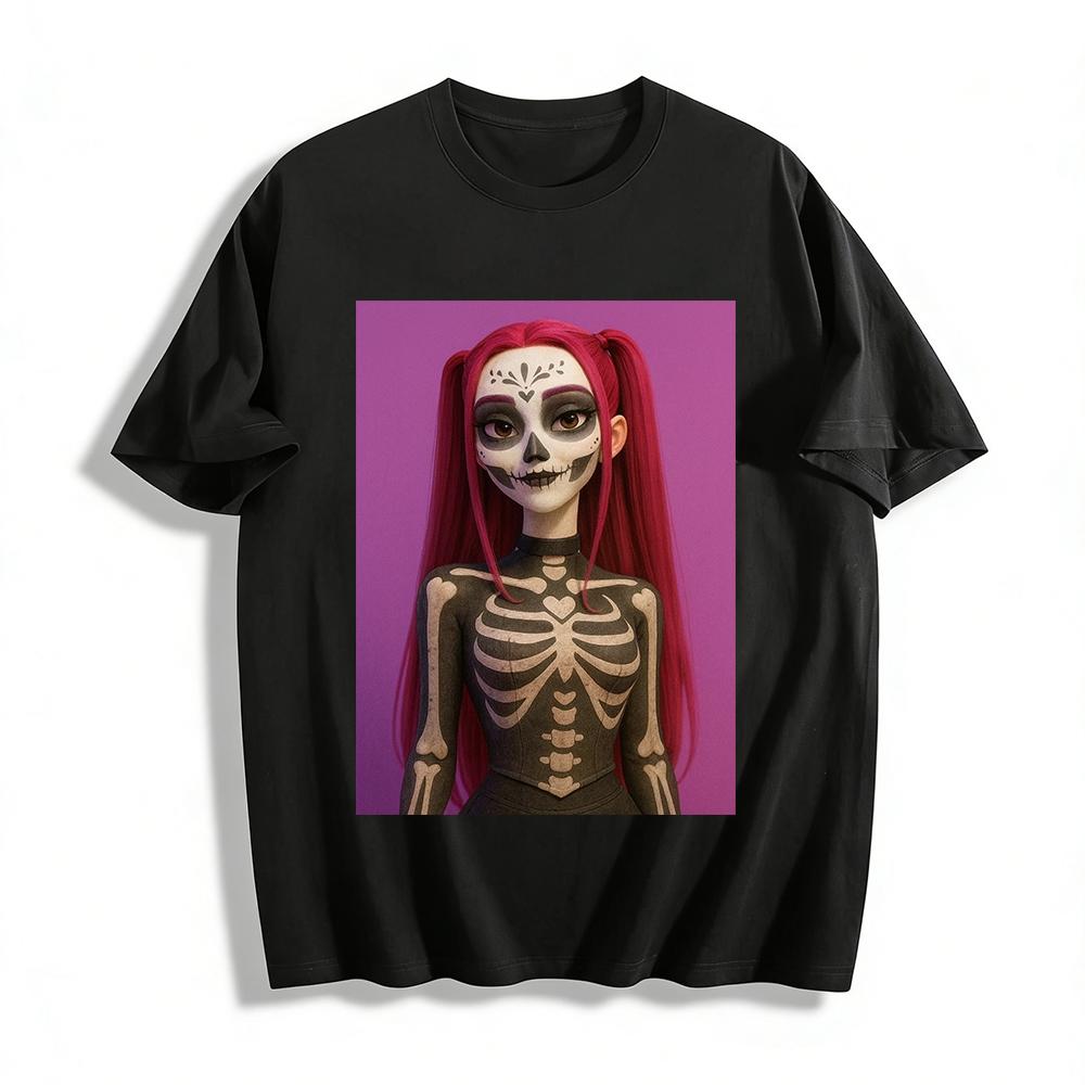 

Day of the Dead Skeleton Girl Print Top, Red Pigtail Dark Style Slim Long Sleeve Casual Wear Pure cotton T-shirt XXS