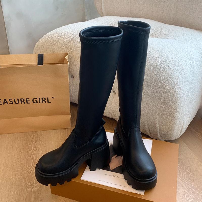 Thick-soled Heightening Boots Women's 2025 New Early Autumn Black Knight Boots Small Man But Knee-high Boots