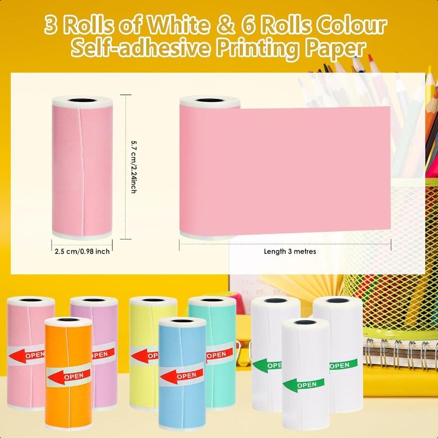 

9 Rolls Thermal Sticker Paper for Mini PrinterSelfAdhesive Paper 57 * 25mm 3 Rolls White and 6 Rolls Colored HD paper for Pocke United States