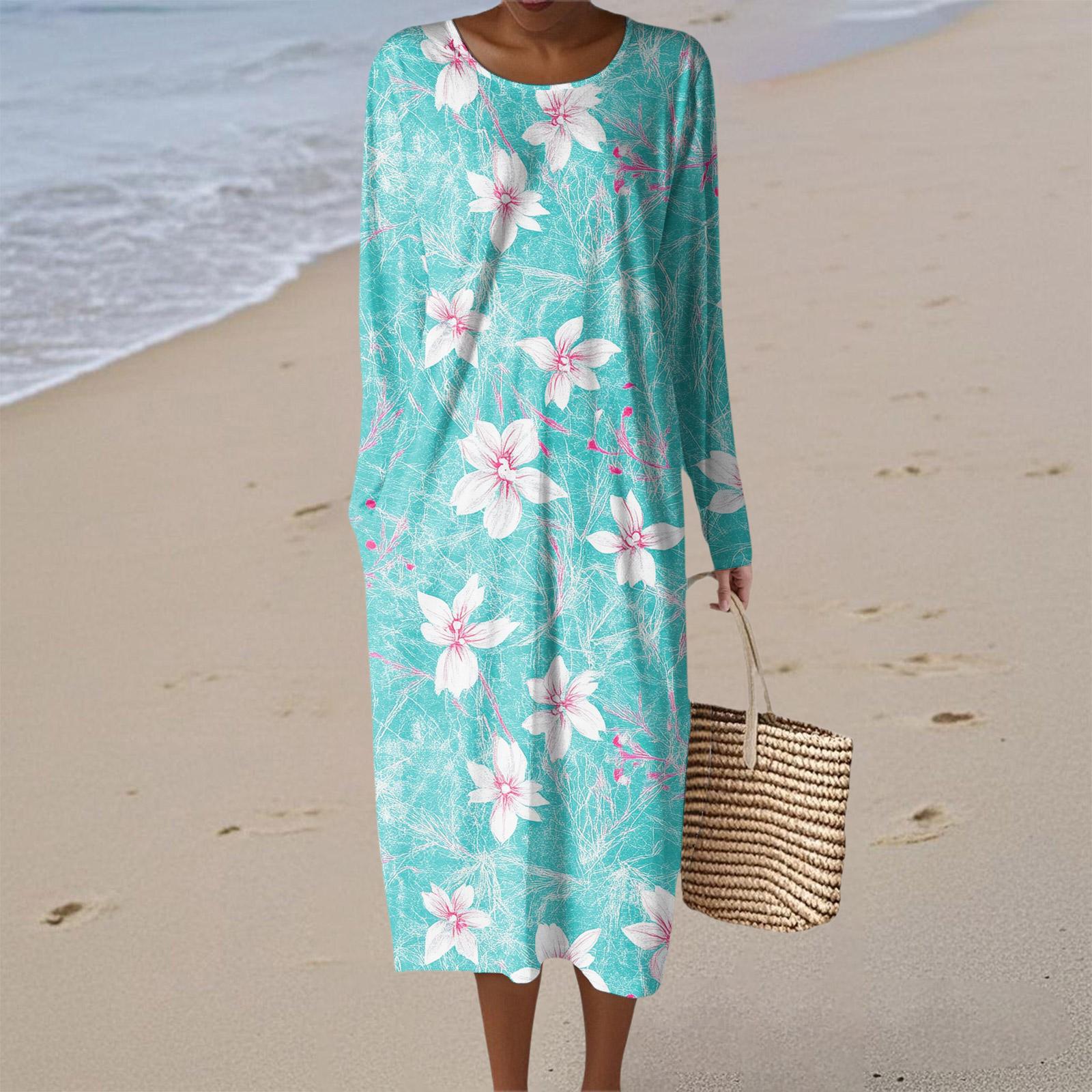 

Women s Fashion Casual Long Sleeve Floral Print Round Neck Pocket Elegant Temperament Dress L