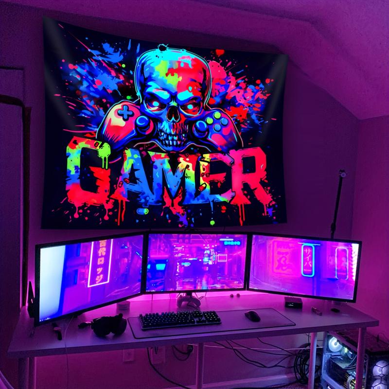 VIKAMA Colorful Skull Gamer Tapestry with Game Controller Graffiti for Bedroom Living Room Decor Aesthetic Edgy Gaming Wall Art