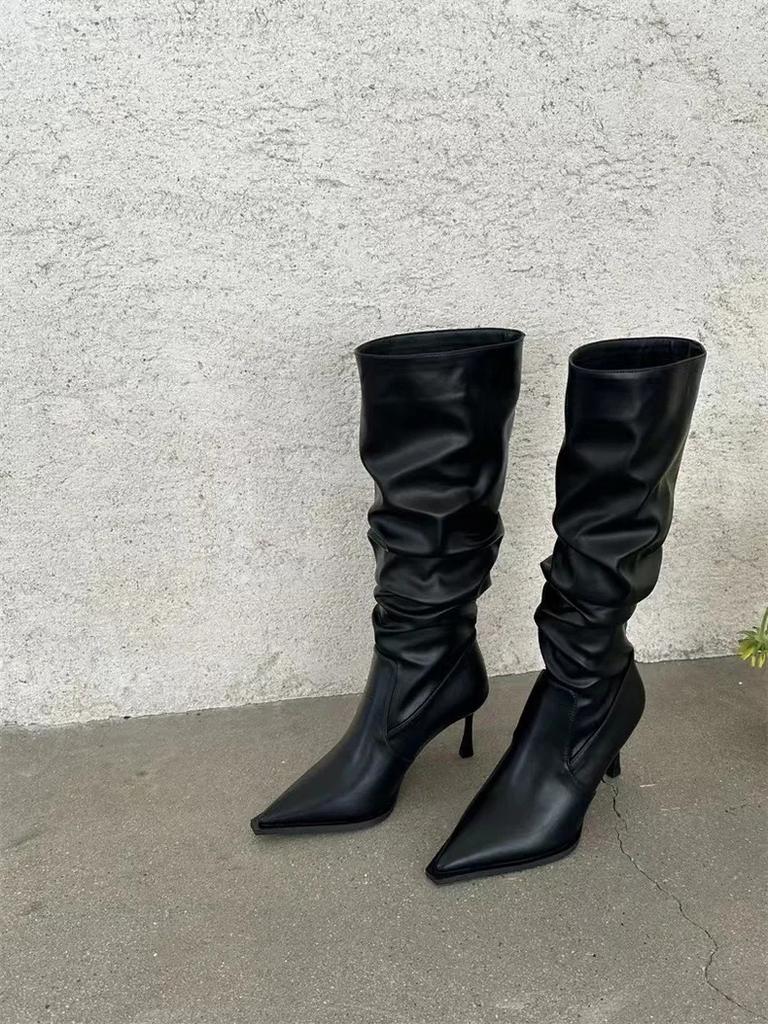 European and American pointed pleated high tube long boots for women in autumn 2025 high heels for women long tube boots
