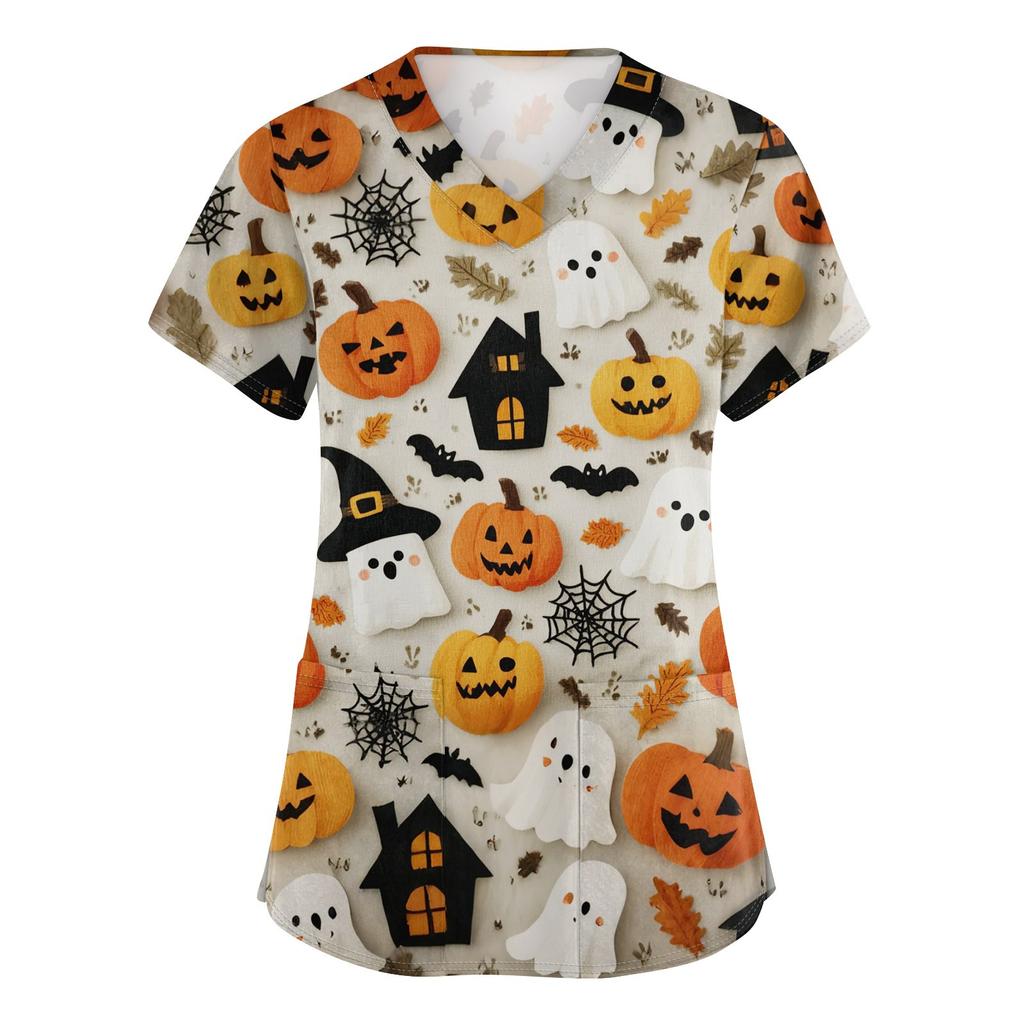 Women's V-neck Halloween Printed Short-sleeved Pocket Side-slit Protective Suit Top