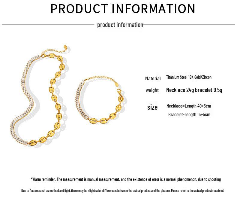 Geometric Zircon Pig Nose Spliced Bracelet & Necklace Set - European/American Nude Chain, Non-Fading P196-E009