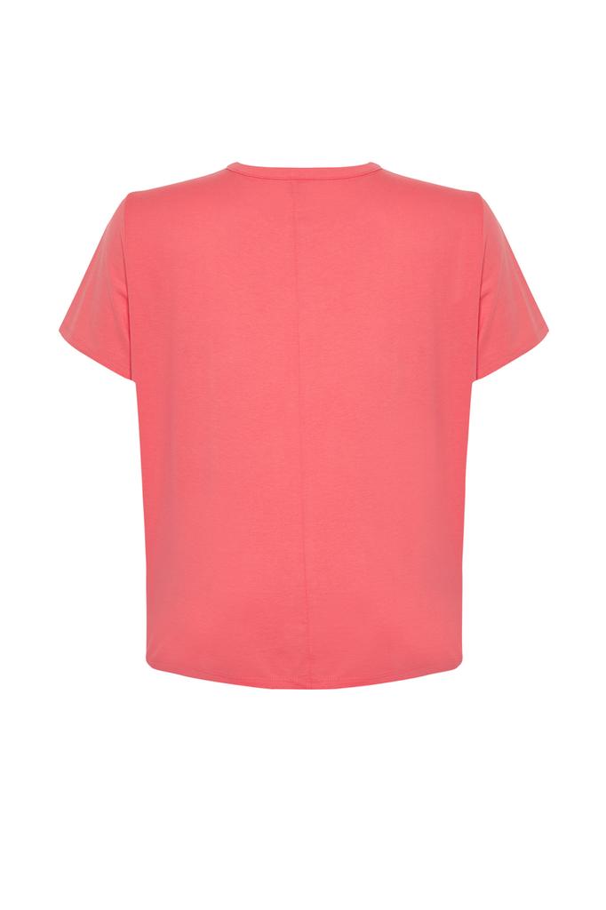Women's Fashion Plus Size T-Shirt Crew Neck Short Orange Slit and Ruffle Detailed Boyfriend Knitted T-shirt
