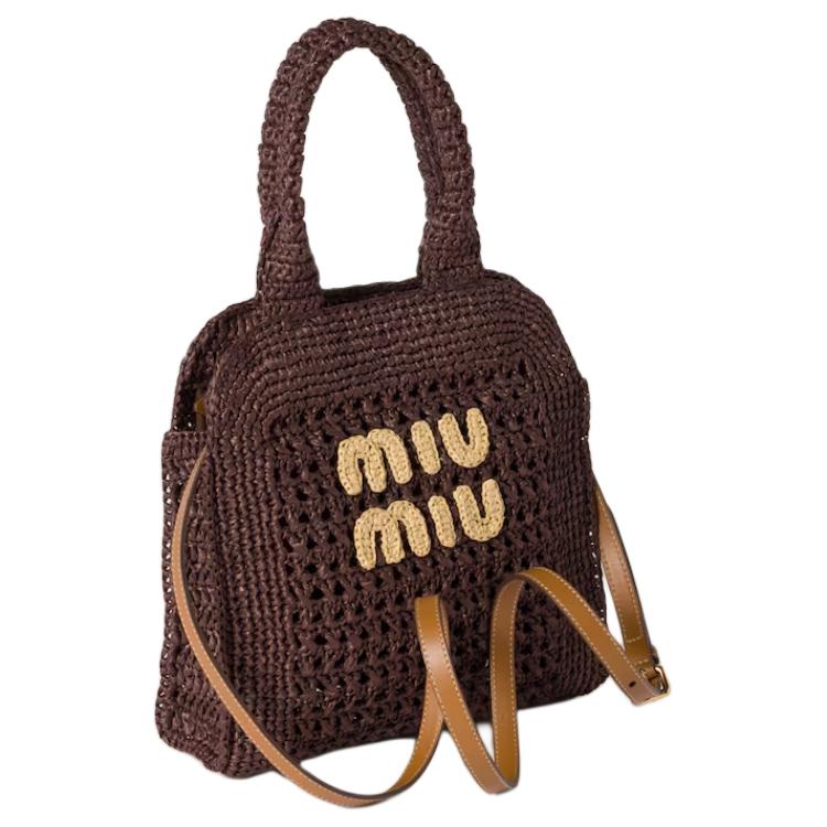 MIU MIU Logo de Letras Ganchillo Correa de Hombro Ajustable Bolso Tote de Rafia Bolso de Compras Bolso Tote para Mujer Marrón Castaño 5BA283_ADO1_F0966_V_OOO