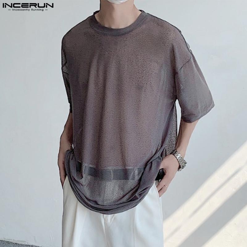 

INCERUN Прозрачные мужские топы с круглым вырезом и короткими рукавами