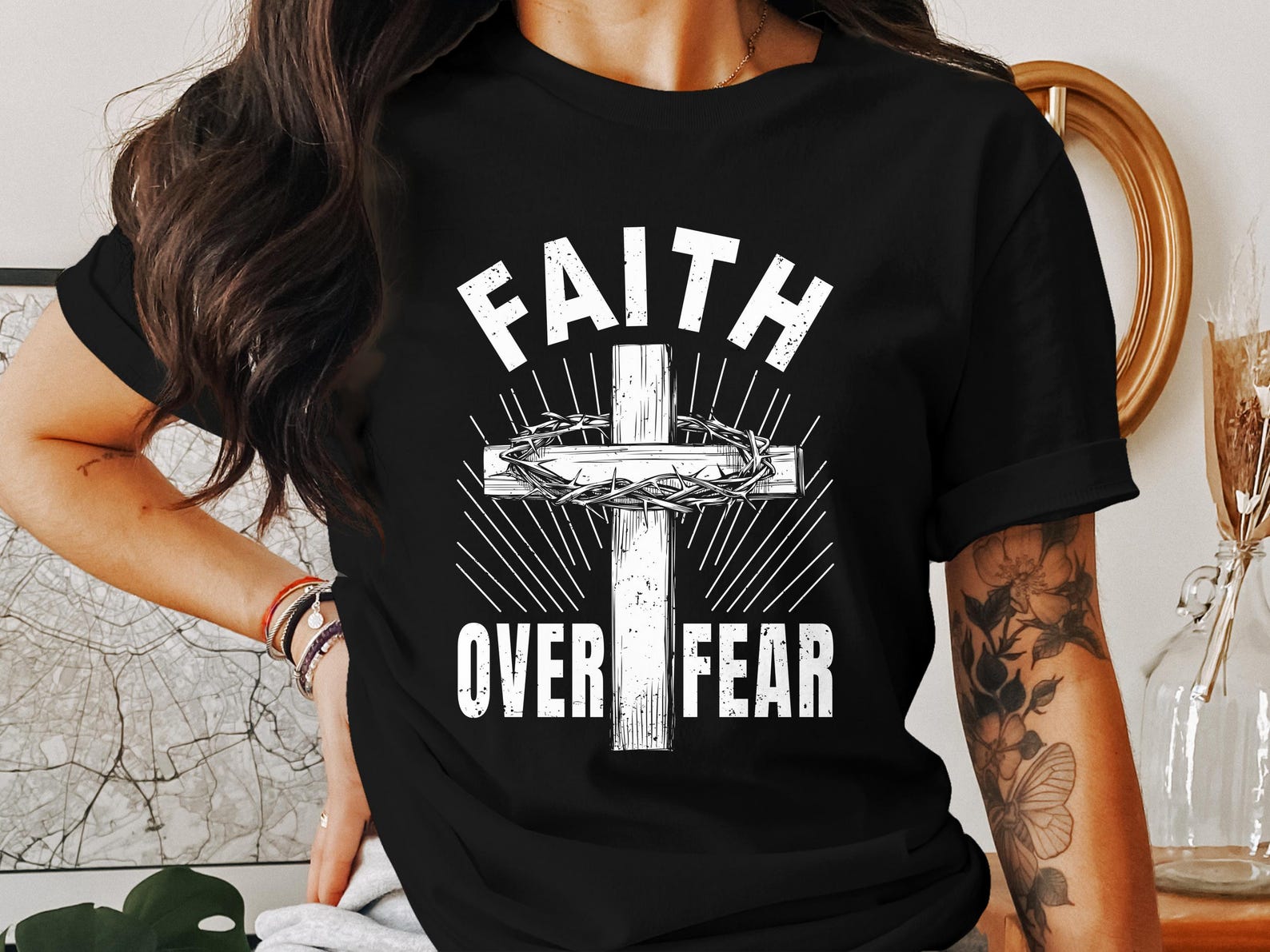 Faith Over Fear T-Shirt, Christian Jesus God Religion Tee, Inspirational Gift, Religious Apparel, Church Outfit, Faith Based Clothing XL