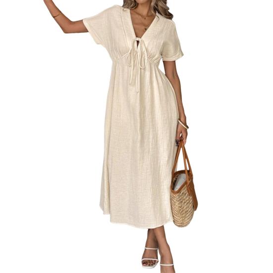Women Dress V-neck Lace-up Short Sleeve High Waist Midi Dress Solid Color Flowy Hem Casual Dress Daily Wear