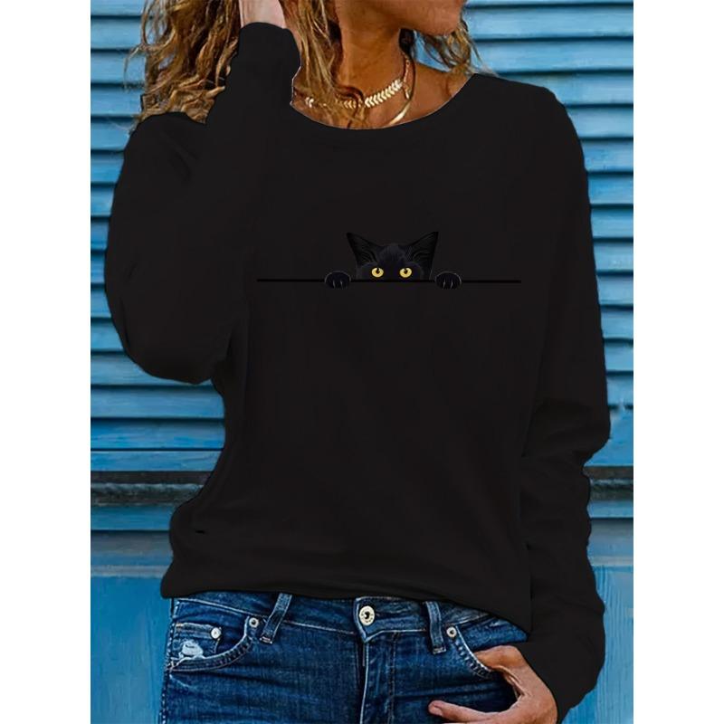 Women's spring and autumn comfortable casual fashion long sleeved cat graphic printed round neck T-shirt