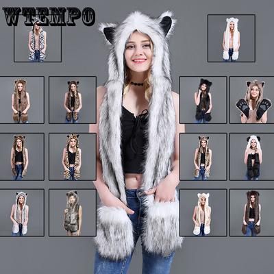 Winter Kunstfellmützen Niedliche Cartoon Tierohren Plüschmützen Warme Mütze Schal Handschuhe Set Damen Lässig Einfarbig Fleece Mützen Mädchen Kawaii Accessoires