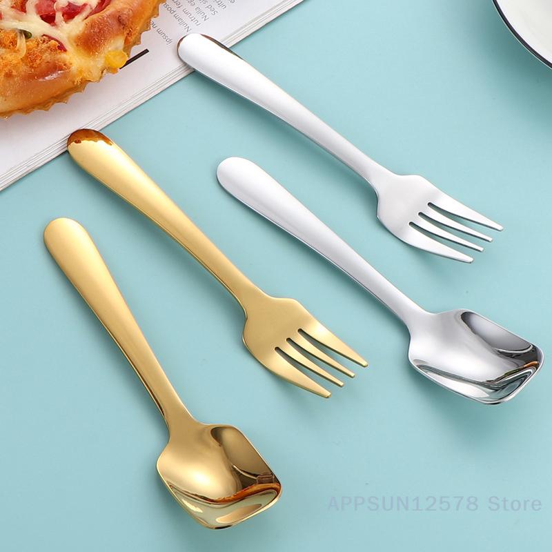 304 Stainless Steel Children's Spoon Fork Ice Cream Spoon Short Handle Square Head Spoon Spaghetti Salad Fork Student Tableware