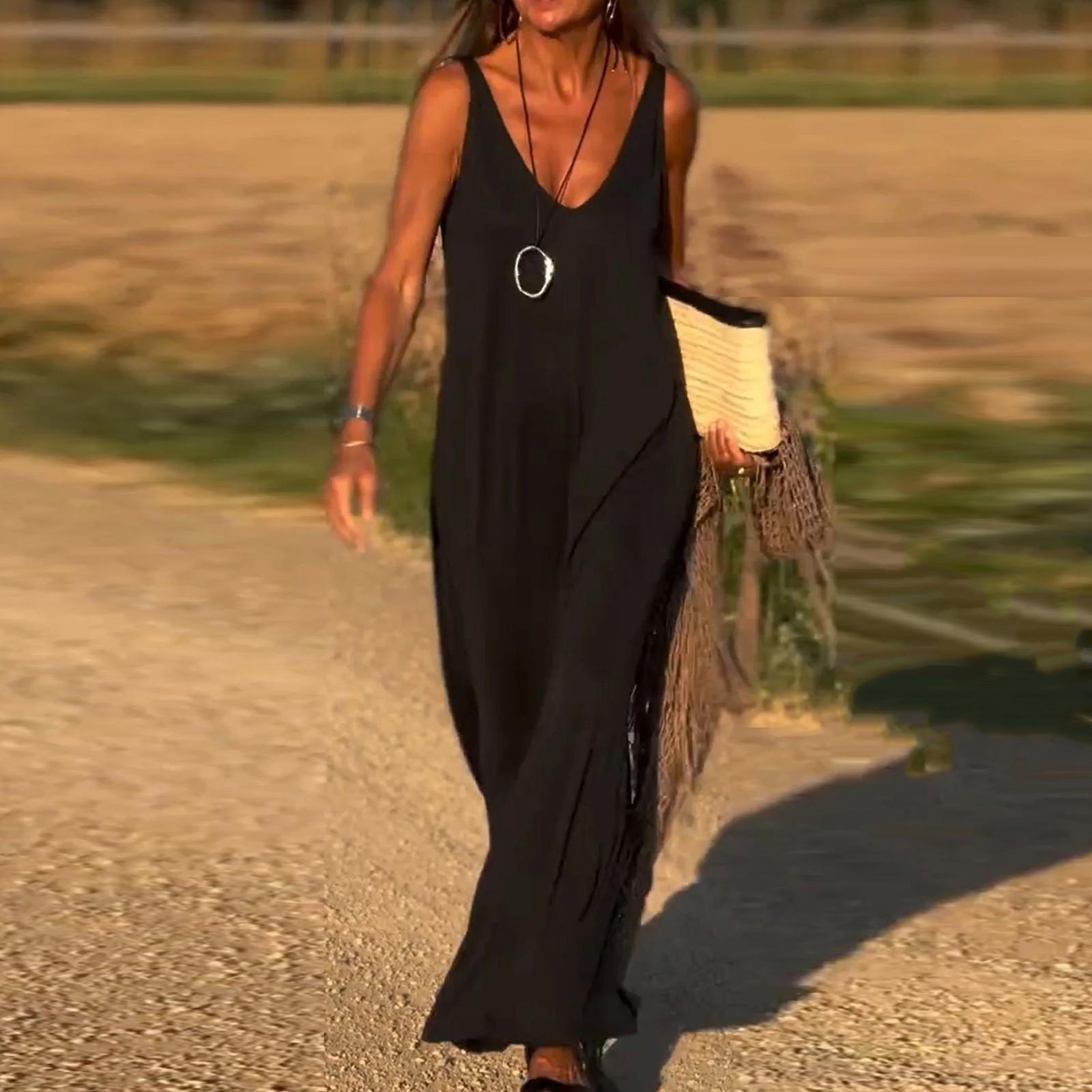 

Жіночі Модні Безрукавні Сукні на Бретелях з V-подібним Вирізом Повсякденні Довгі Сукні XL чорний