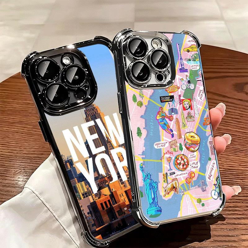 NYC New York City Soft Phone Case For iPhone 15 16 17 Air 14 Pro Max 16E Plus 13 12 Mini Plating Anti-Fall Fundas