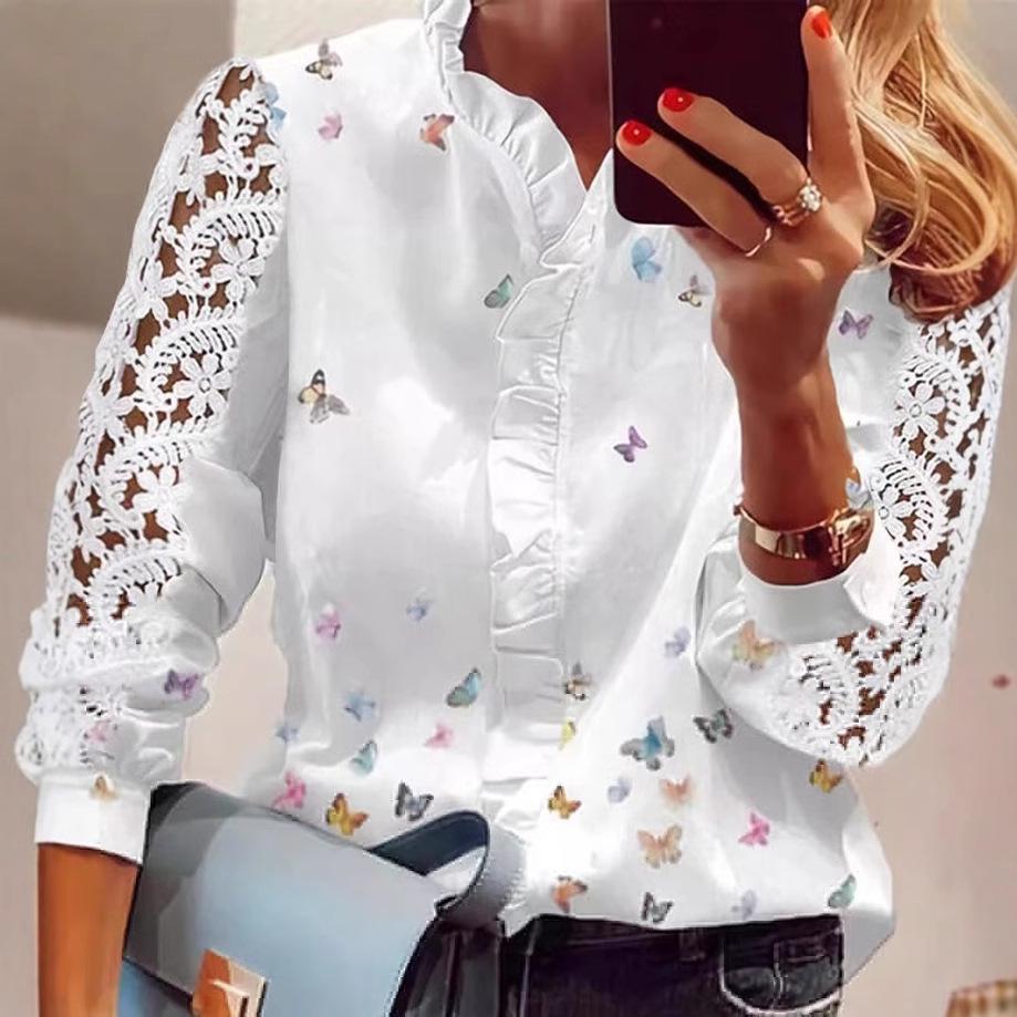 

European & American Lace Patchwork Print Women s Shirt XL білий