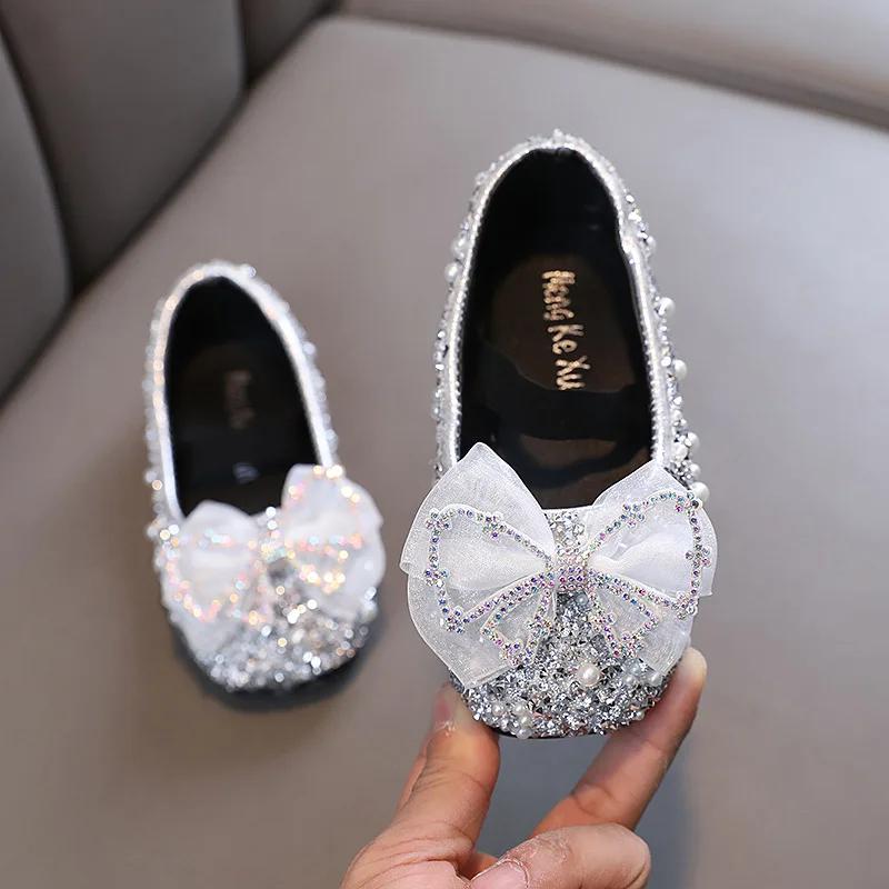

Spring Children s Lace Bow Princess Shoes Girls Bling Sequins Leather Shoes Anti-slippery New Kids Beaded Wedding Shoes G06142 21 серебряный