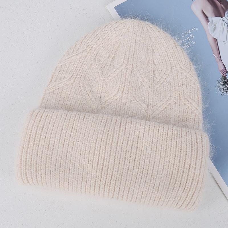 Angola rabbit hair blended cold hat women's autumn and winter warm windproof wheat ear pattern knitted flanged wool hat