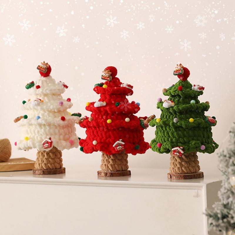 Crafted Holiday Knitted Christmas Tree Wooden Base Ornament Featuring Holiday Accents For Desktop Decoration