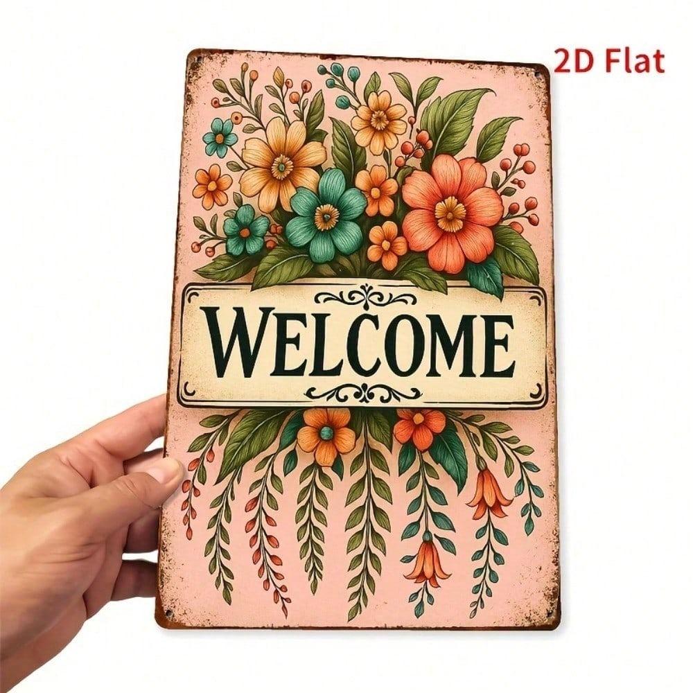 8x12 Inch Floral Welcome Sign Rustic Tin Metal Wall Art Vintage Spring Summer Garden Home Decor