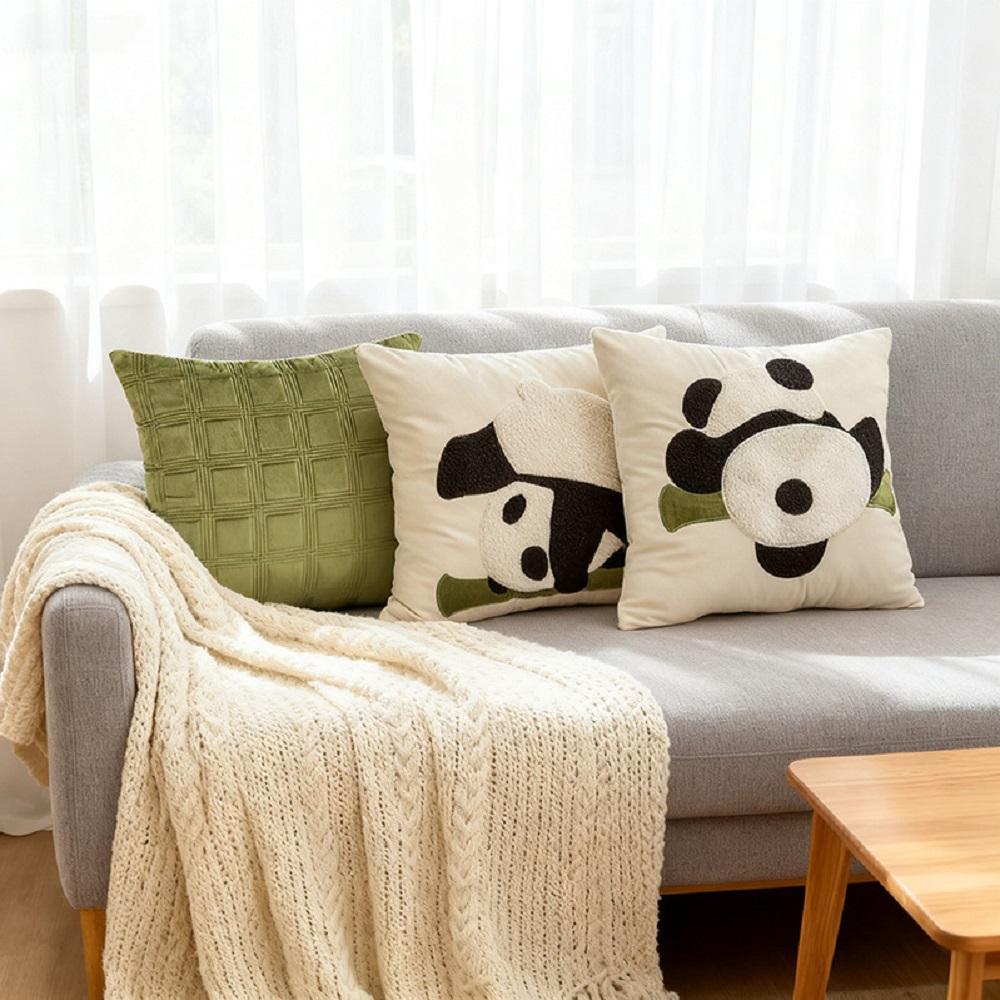 Cute Panda Embroidered Cushion Cover Bamboo Garden Green Series 45x45cm Sofa Pillow Case for Living Room Decor