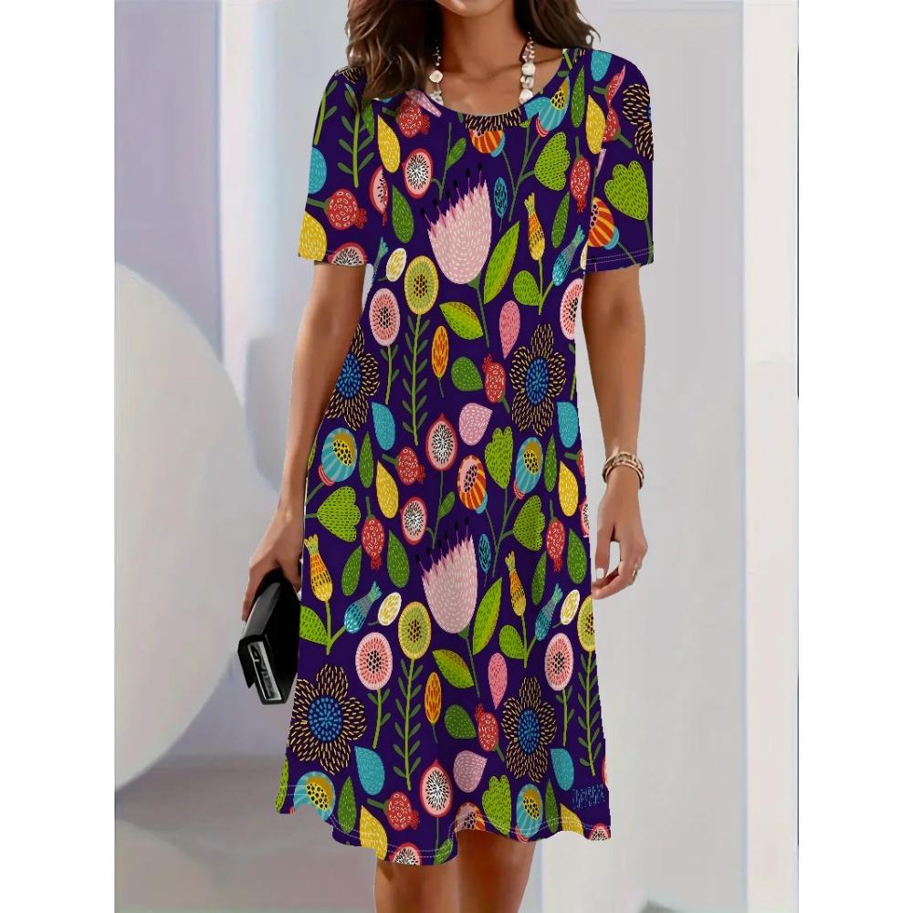 Women Dress Fashion Flower Pattern Printing Summer New Temperament Elegant Casual Women A-Line Dress Short Sleeve Mini Dress