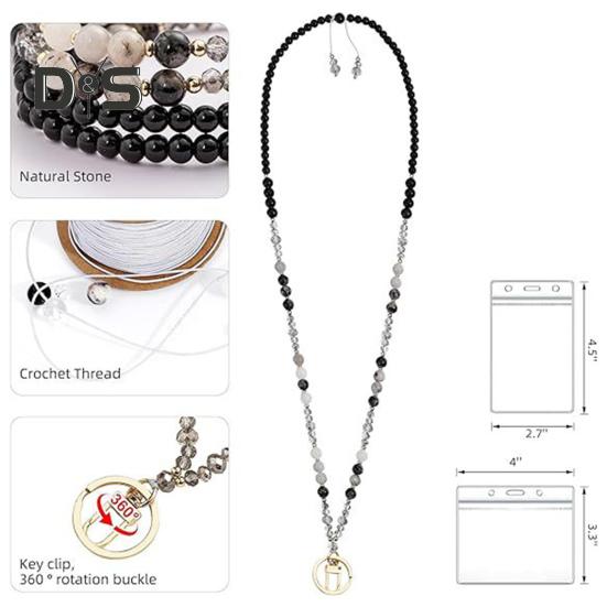 Natural Stone Faux Crystal Card Holder Adjustable ID Lanyard Women Handmade Beaded Badge Holder Lanyard