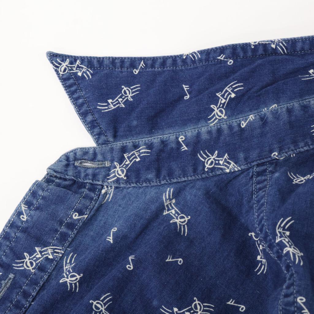 RRL Indigo Musical Note Pattern Cat Eye Button Long Sleeve Shirt Tops M NavyUsed