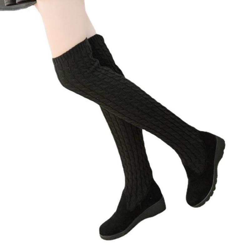 Herbst und Winter neue Damenstiefel gestrickte Wolle hoher Schaft flache Sohle Knie elastische Martin Stiefel tragen mehr trendy Batch Haar