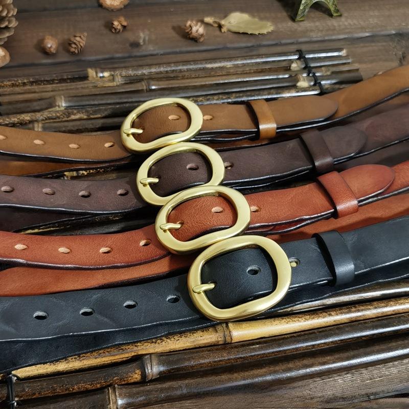Women's Korean-Style Leather Belt Vintage Crumpled Trendy Brass Buckle Genuine Leather New Pure Cowhide All-Matching Jeans Belt