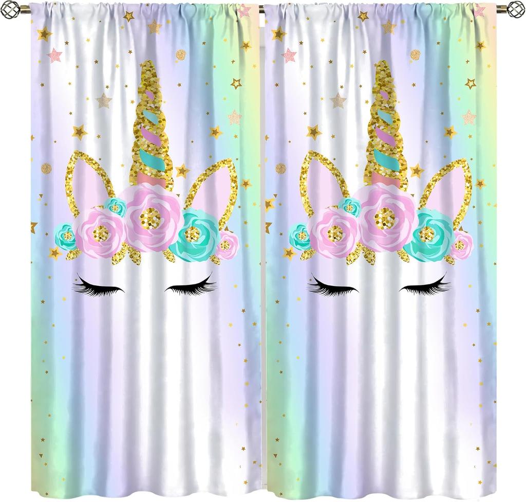 Rainbow Unicorn Bedroom Curtains Purple Pink Dream Universe Starry Sky Kids Living Room Window Treatments Made Of Polyester Treatment