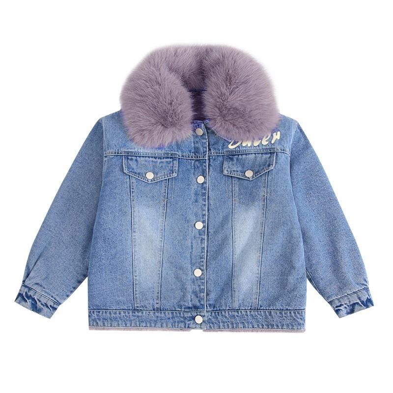Girls' Jackets Autumn and Winter Models Children's Denim Plus Velvet Thick Winter Cotton Clothes CUHK Children