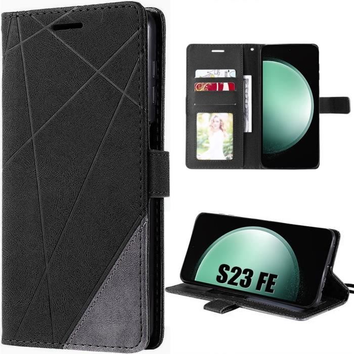 Coque semi-rigide en cuir PU noir pour Samsung Galaxy S23 FE avec fonction porte-cartes et support
