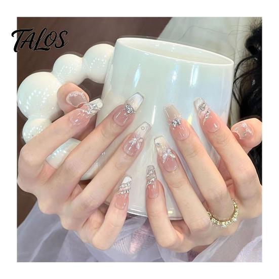 Unhas Postiças Gradiente Nude 10 Peças Press on Nails, Kit Completo Rosa Falso, Reutilizável Glitter Luxo Pedraria Cola para Nail Art com Pedrarias, Cobertura