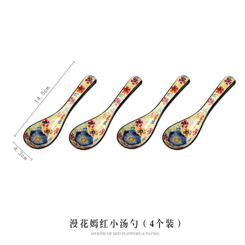 Full flower bright red Posey flower hand-painted underglaze color household ceramic dish set noodle soup large bowl spoon