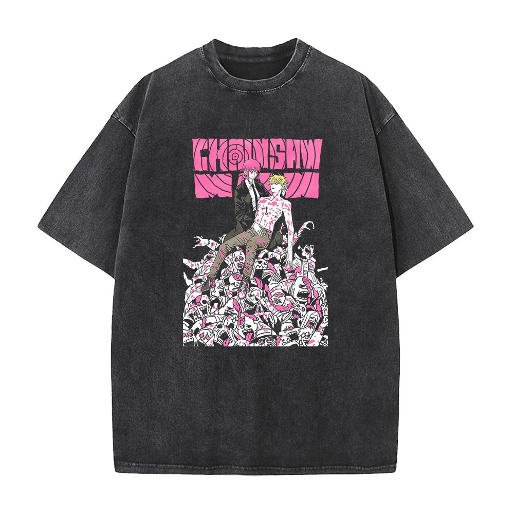 Anime Chainsaw Man Tshirt Denji Makima Print T Shirt Men Women Clothing Short Sleeve Cotton Tee Vintage Washed Oversized Tshirt