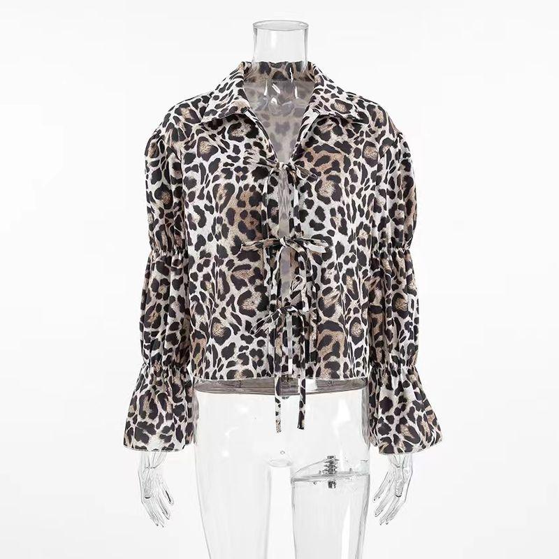 

Fashion Style Casual Loose Shirt Fashion Leopard Print Lapel Tied Shirt Leopard Lace up Shirt Leopard print S